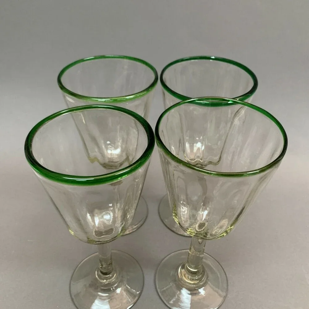 Clear Glass Green Trim Blown‎ Glasses Mexico? Lot of 4